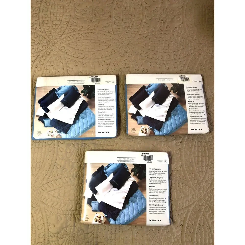 Lot 3 Vintage Mervyn's Celebration Twin Flat Sheets Blue Percale NOS Cottage USA